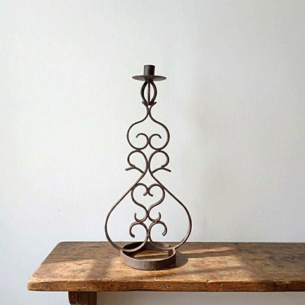 Vintage Wrought Iron Scroll Taper Candle Holder 17" Tall Rustic Spanish Revival